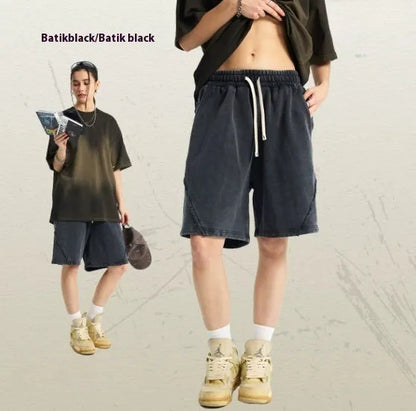 Men's batik washed cotton terry shorts in loose fit with patch craft details