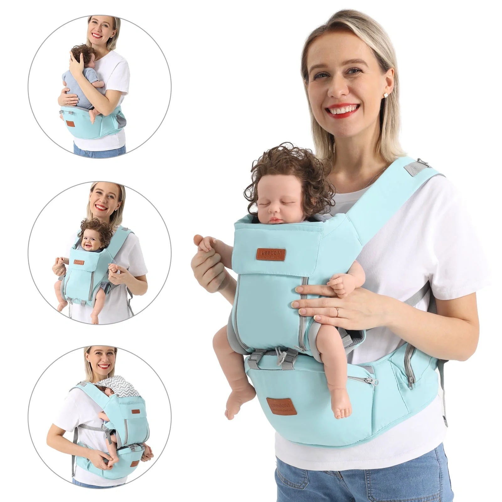 Dual-purpose baby carrier waist stool for newborns and toddlers in light blue, grey, and dark blue