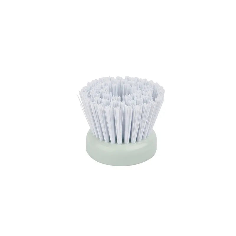 Milk white and mint green pot scrub brush with a soap dispenser handle and replaceable non-scratch bristles.