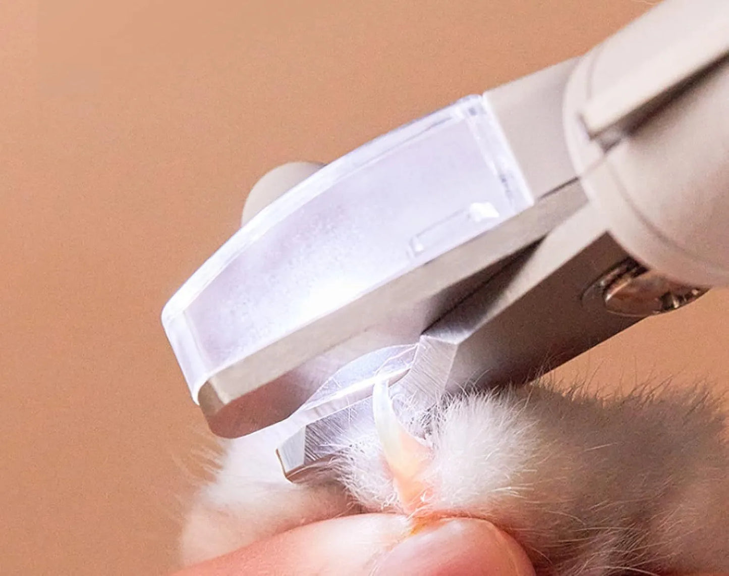 White LED pet nail clippers with a transparent safety guard and a nail file on a grey background.