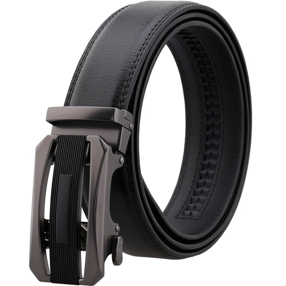 Men's alloy click belt with matte gun rectangular buckle and two-layer cowhide strap in black or brown, 110-130cm.