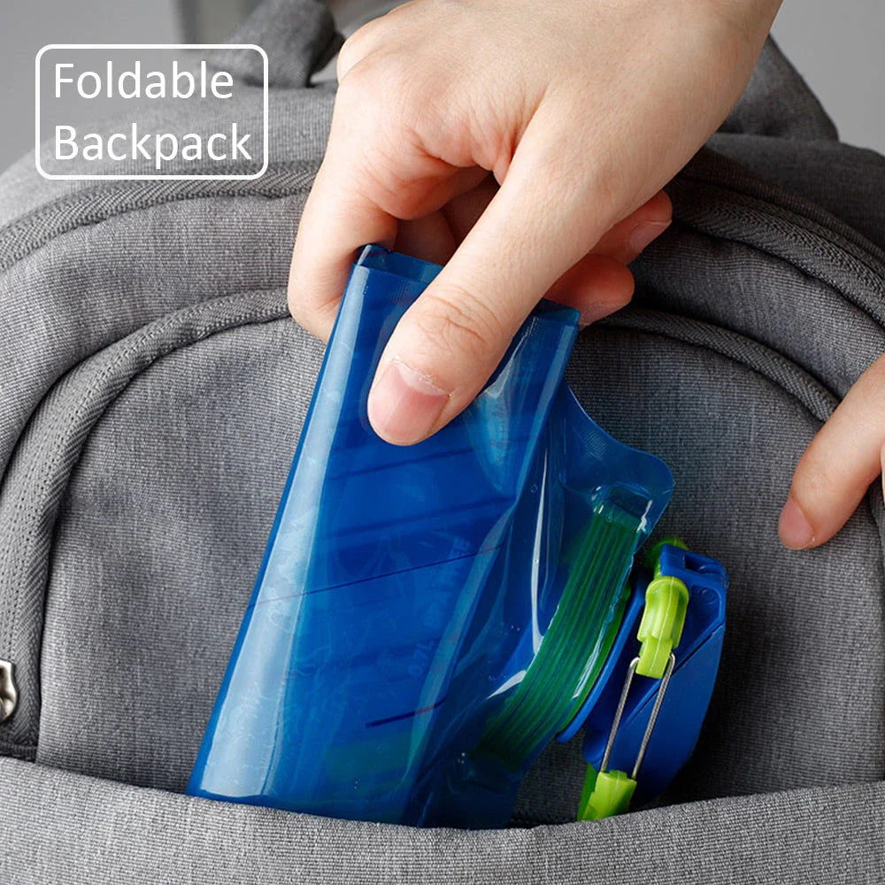 Premium collapsible water bottle in blue, white, and black colors with a compact and portable design for outdoor activities