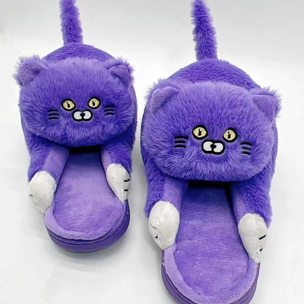 Blue cat pattern cotton slippers with 1.5cm heel and non-slip soles for UK sizes 35-43