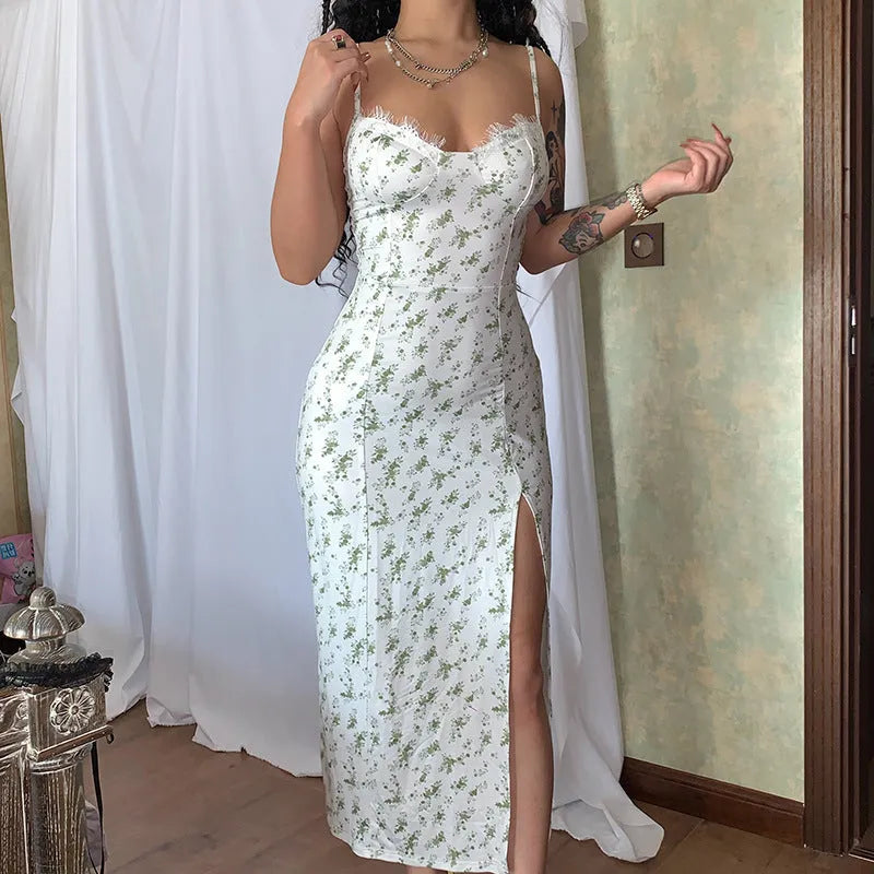 Women's long summer dress with lace flowers print, slit, and suspender straps in polyester fibre