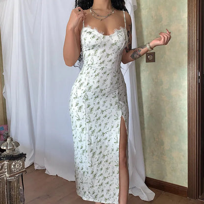 Women's long summer dress with lace flowers print, slit, and suspender straps in polyester fibre