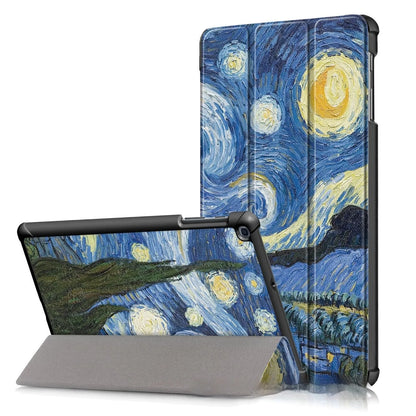 Plastic tri-fold flip cover case for a Samsung tablet showing decorative design options.