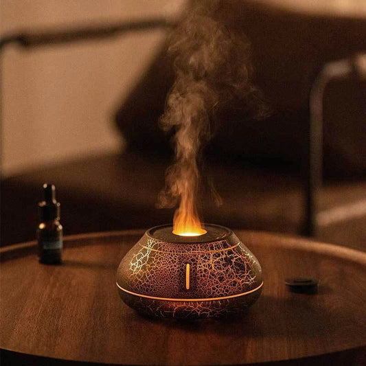 Aroma Humidifier with flickering flame-like effect and vibrant LED lighting, creates a calming, fragrant atmosphere in the home