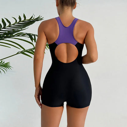 Women's printed one-piece swimsuit with backless cut-out, sleeveless polyester design in purple, green or blue