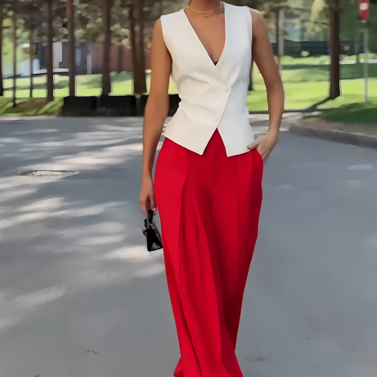 Women's beige polyester two-piece set with deep V-neck sleeveless top and wide-leg trousers