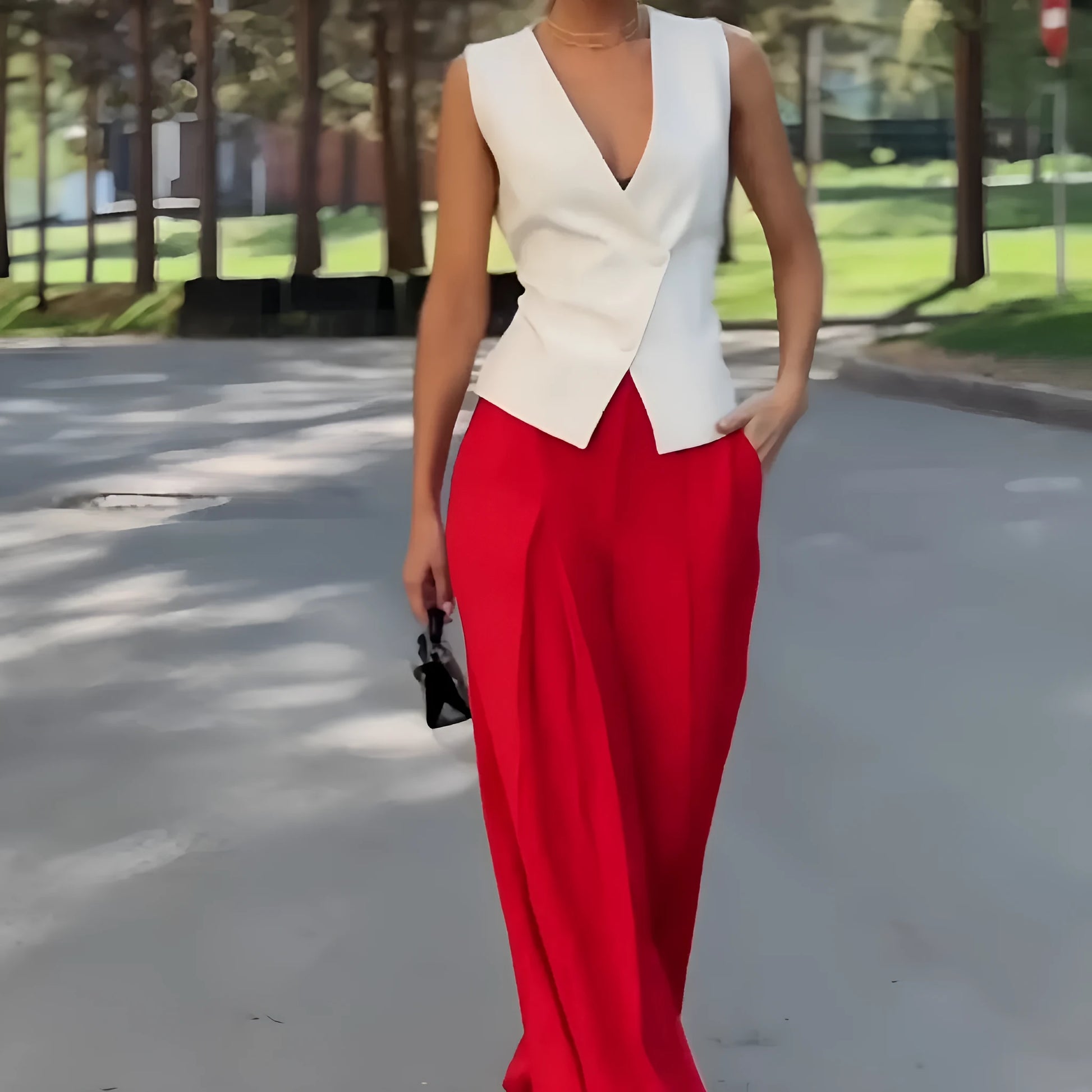 Women's beige polyester two-piece set with deep V-neck sleeveless top and wide-leg trousers