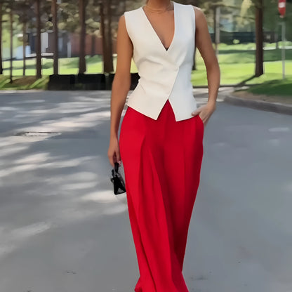 Women's beige polyester two-piece set with deep V-neck sleeveless top and wide-leg trousers