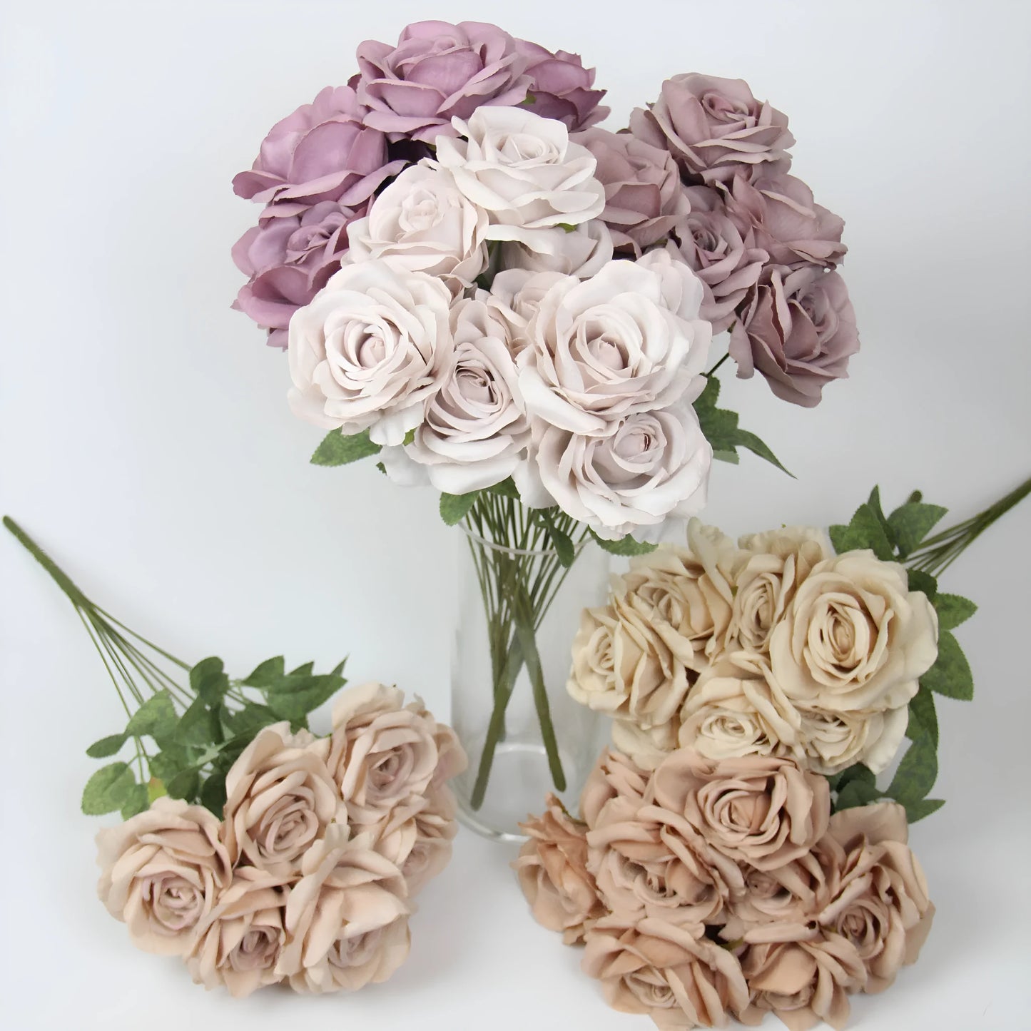 Artificial silk rose flower bouquet with ten rose heads, 53cm tall, in brown colour option.