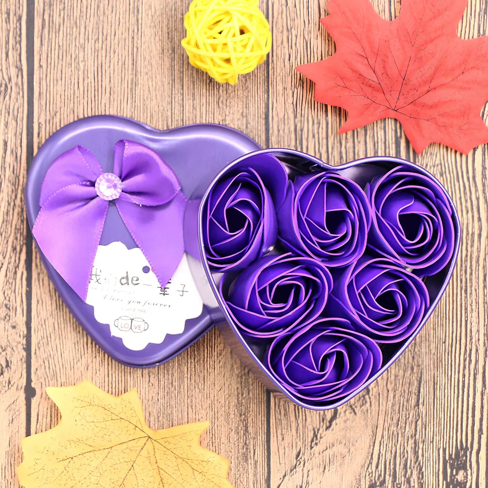 Handmade soap flowers in red heart-shaped tin box measuring 12x12x5cm