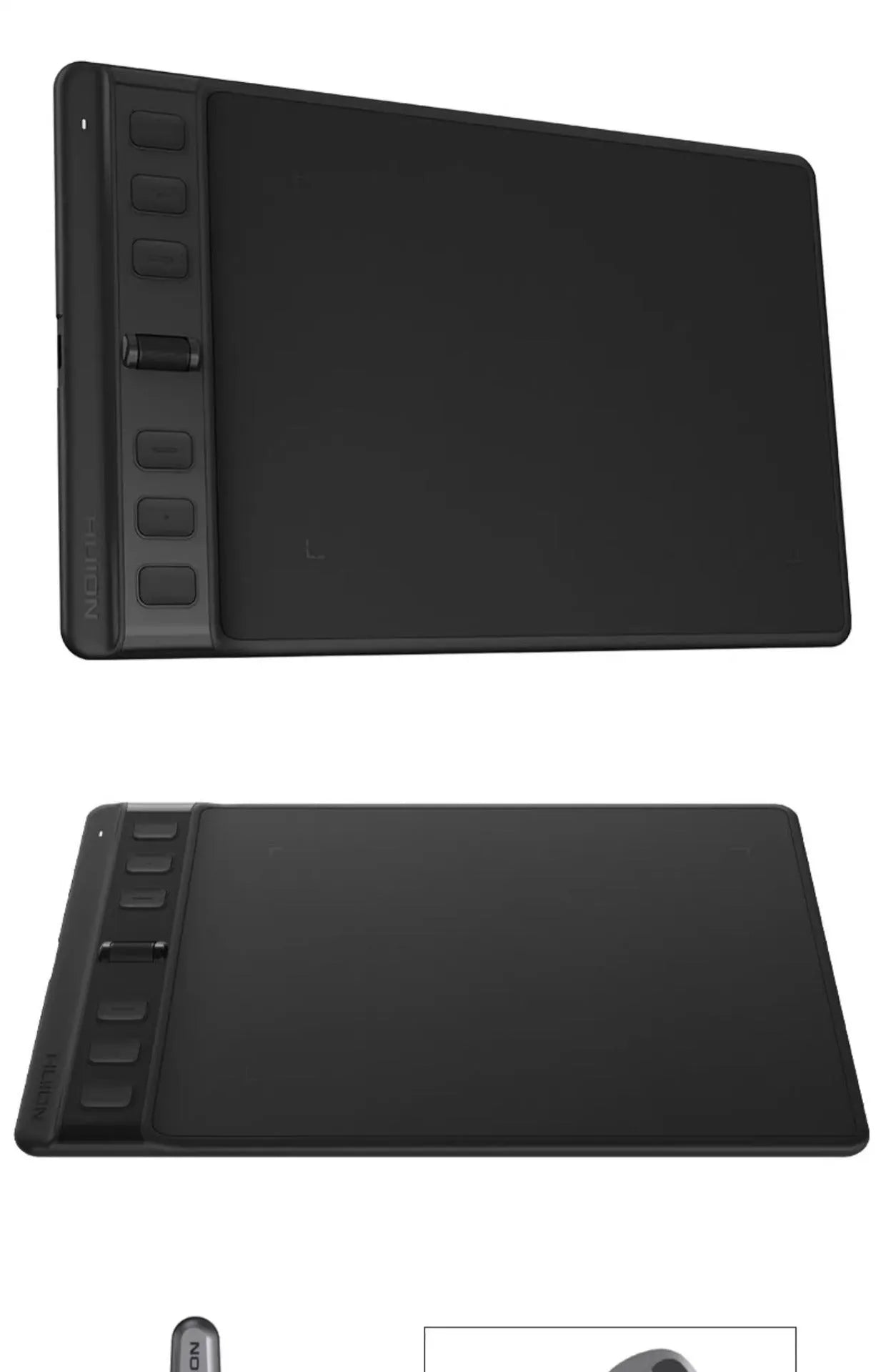 Hua Wang H641P black drawing tablet with PW110 digital pen on wooden desk