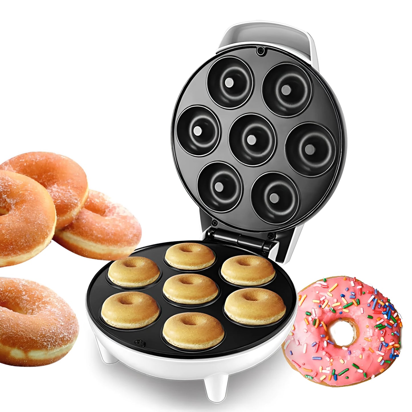 White donut maker machine with 23cm baking pan for homemade doughnuts and cakes