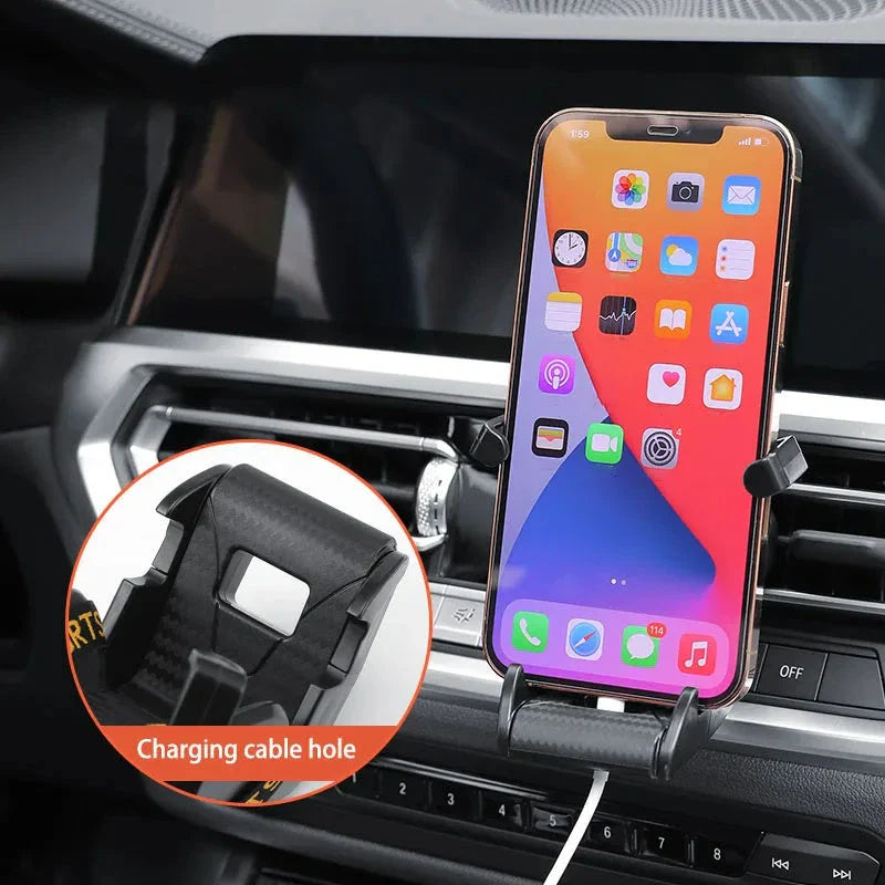 Stylish car air vent phone mount with secure clamping mechanism, adjustable viewing angle, and compatibility for phone charging