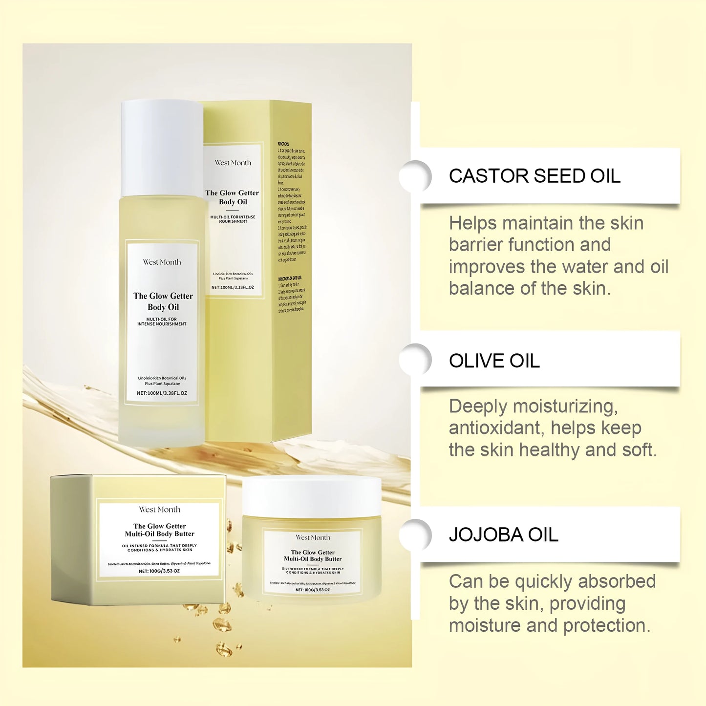 Body care kit with skincare oil bottle and moisturising cream jar for nourishing and firming massage