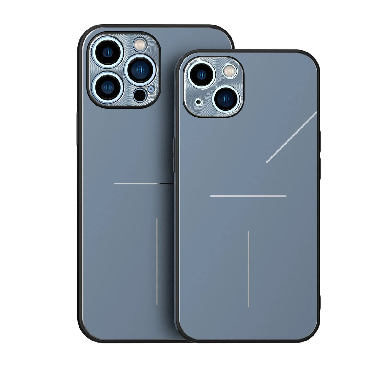 Metal frosted iPhone case with aluminium alloy and TPU back cover, shown in Black, Blue, Rose Gold and Silver.