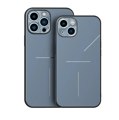 Metal frosted iPhone case with aluminium alloy and TPU back cover, shown in Black, Blue, Rose Gold and Silver.