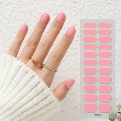 Semi-curing gel nail stickers sheet showing 22 solid colour designs including roses, tulips, and geometric patterns