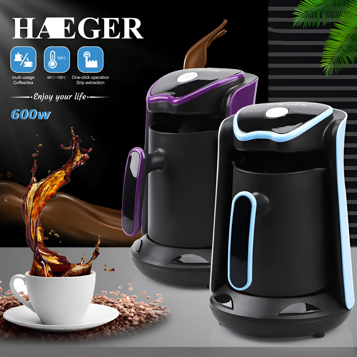 Portable coffee and tea maker in blue or purple, 600W mechanical operation, EU plug, with power cord and manual.