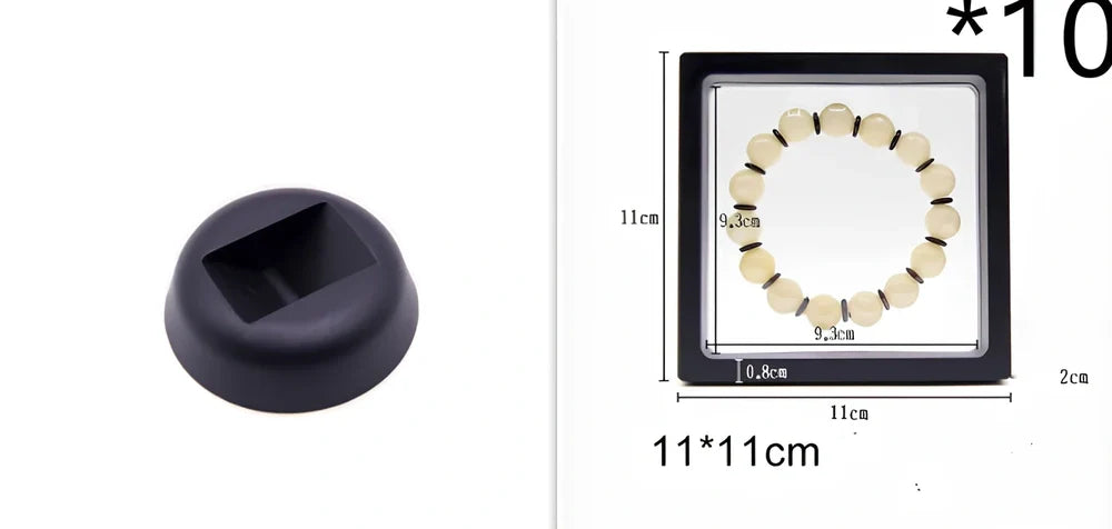 Black 11x11cm suspended 3D floating display frame holding a coin, with square base for stable collectible showcase
