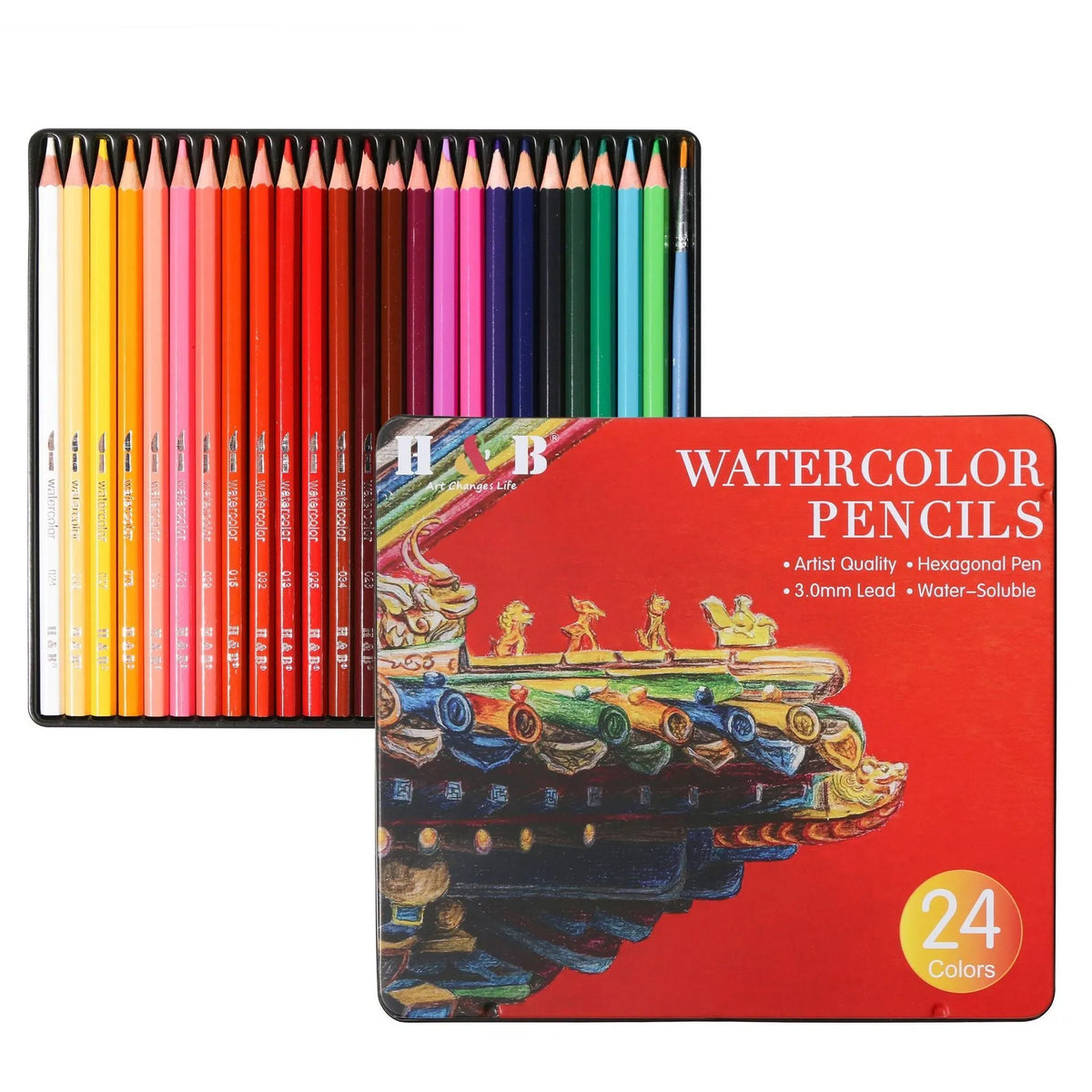 Metal tin box open to show 24 water-soluble coloured pencils with brush tips in assorted colours.