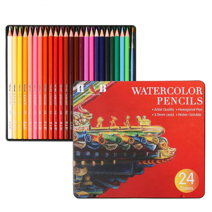 Metal tin box open to show 24 water-soluble coloured pencils with brush tips in assorted colours.