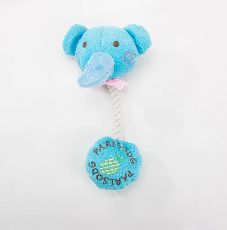 Blue frog plush dog toy with cotton rope elements and squeaker for interactive play