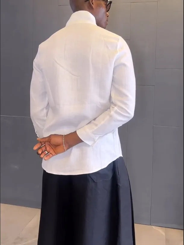 White asymmetric long-sleeve shirt and black pleated trousers casual polyester set.