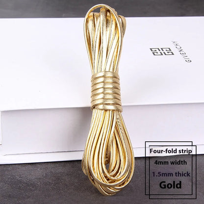 Coiled reels of PU leather craft string in multiple colours including beige, black, red, and blue.