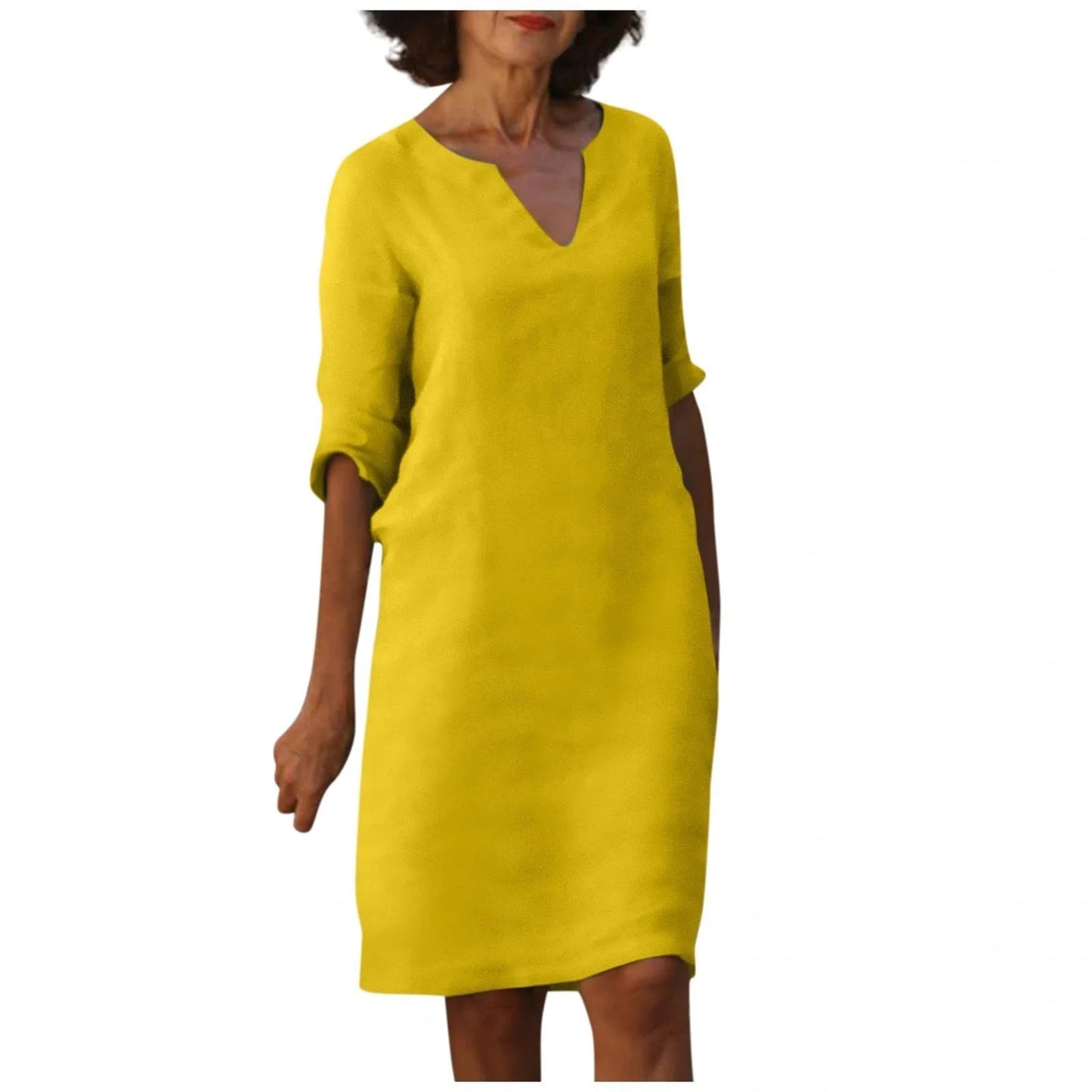 Retro cotton and linen V-neck dress with high waist and summer stitching in various colours