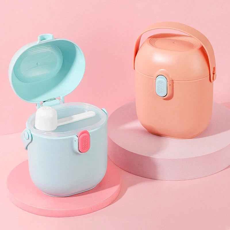 Large portable airtight baby milk powder container with scoop in peacock blue, olive green, and rouge powder