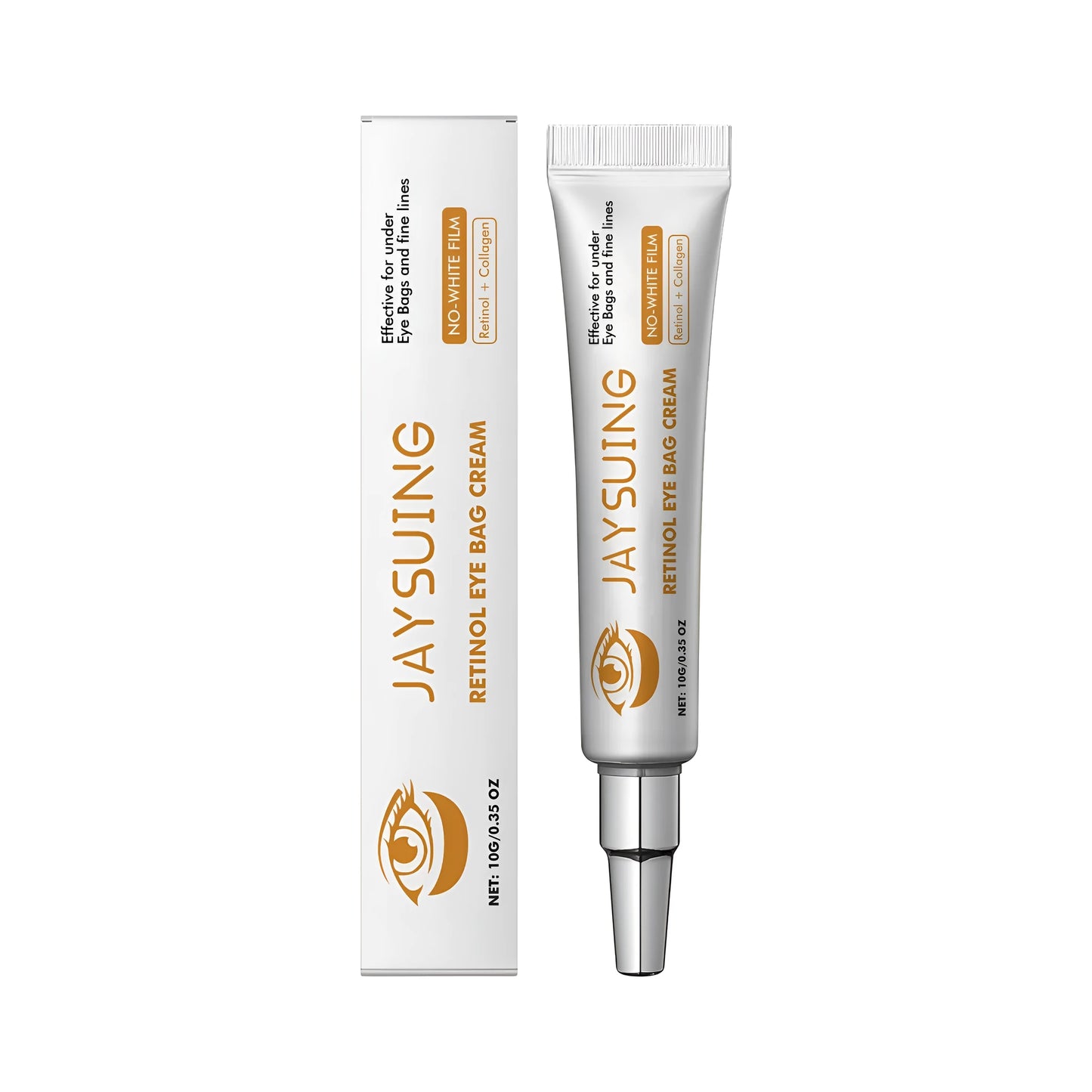 Close-up of a 10g tube of Retinol Anti-Ageing Eye Cream with hyaluronic acid and collagen.