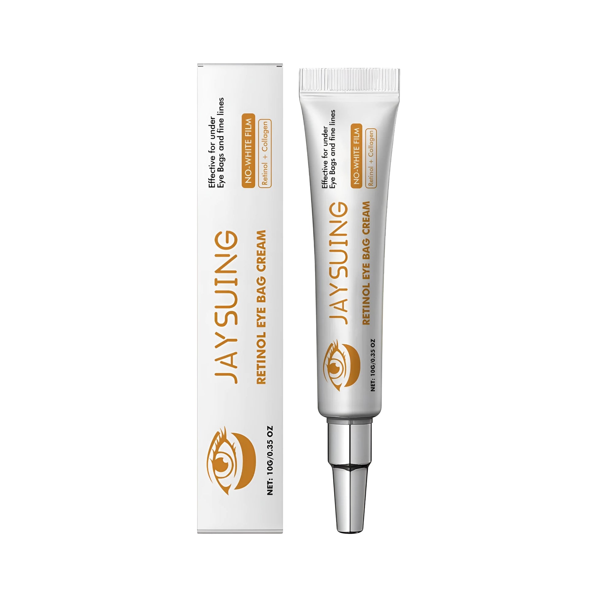 Close-up of a 10g tube of Retinol Anti-Ageing Eye Cream with hyaluronic acid and collagen.