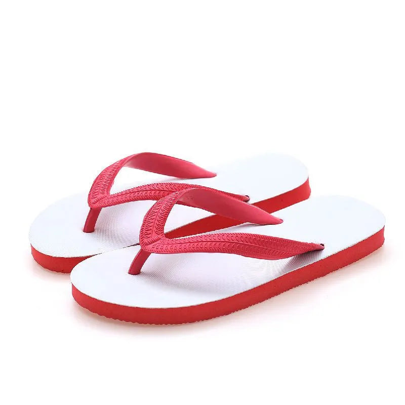 Rubber flip-flops with fish label design on strap, shown in green, red, blue, and black colour options.