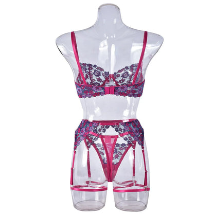Rose red women's embroidered bikini with contrast colour trim