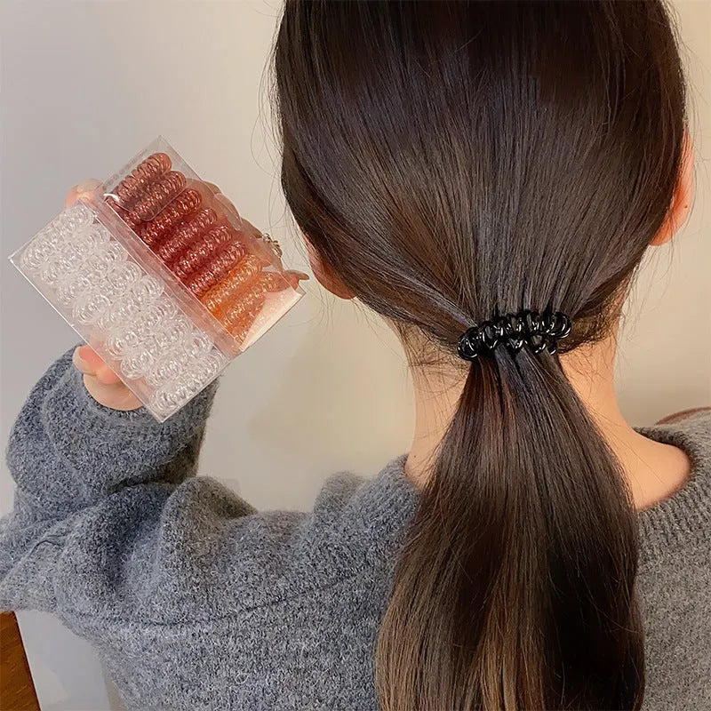 Traceless hairband set of 9 pieces for phone lines, made from flexible TPU in simple loose style, available in 10 colour options including purple, yellow red, dark coffee, pure black, light brown, green, red, pink, blue, and brown series