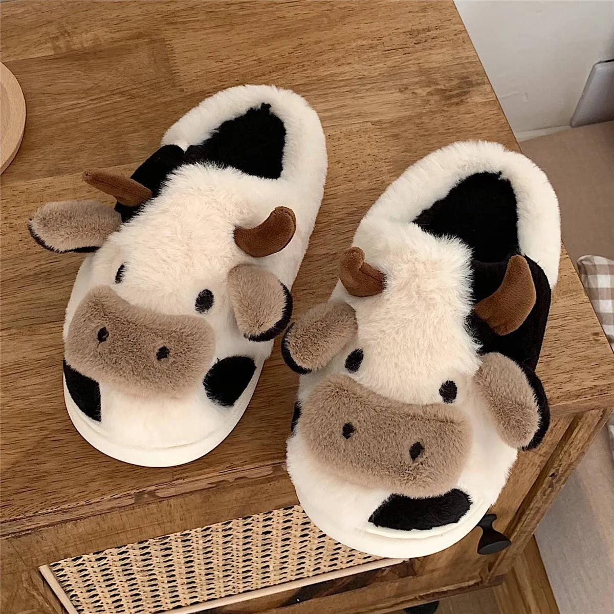 White cow animal slippers with plush faux fur and non-slip PVC soles for women