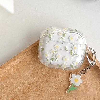 Clear white floral TPU protective cover on an Apple AirPods Pro charging case.