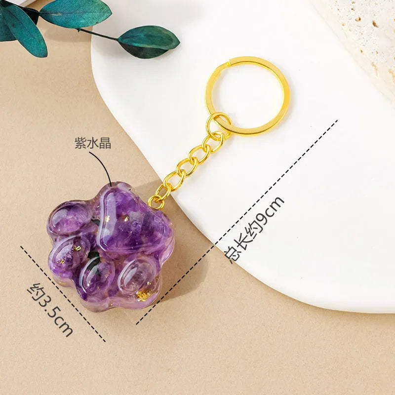 Natural crystal cat's paw keychain pendant with metal keyring in various gemstone colours