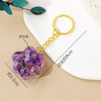Natural crystal cat's paw keychain pendant with metal keyring in various gemstone colours