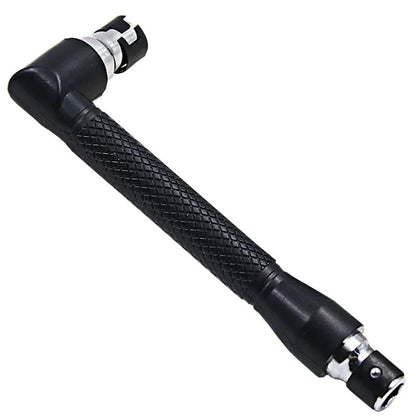 L-shaped double-headed socket wrench with ten screwdriver bits on steel background
