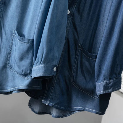 Men's dark blue denim coat with three-quarter sleeves and V-neck collar