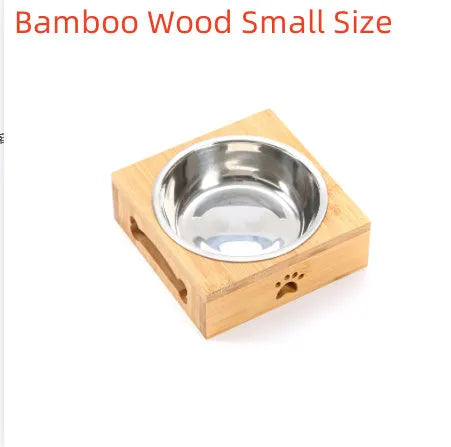 Solid wood pet dining table with elevated stainless steel feeding bowls for cat or dog