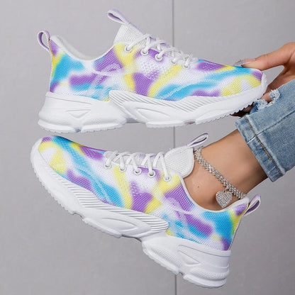 Casual flower sneakers in white blue with flyknit upper, mesh lining, lace-up front, low top, flat heel.