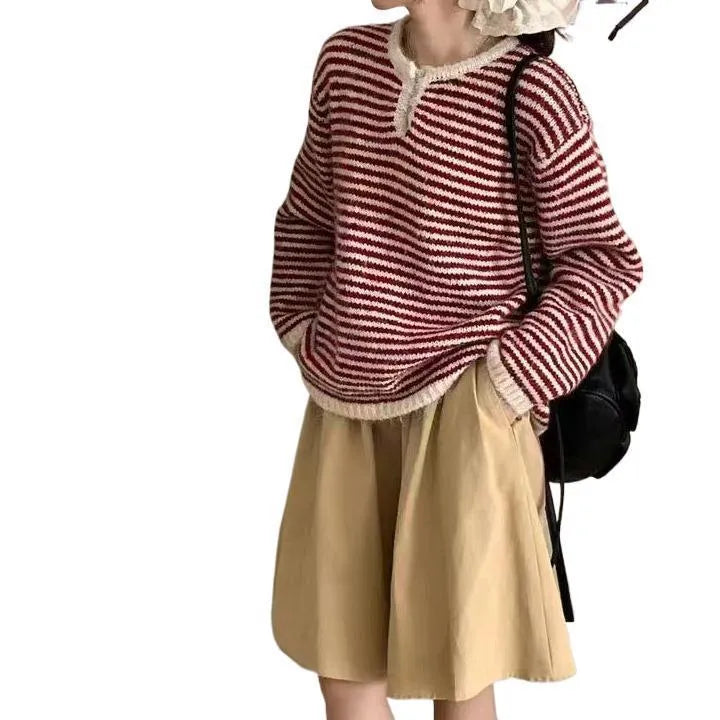 Retro striped cashmere sweater for women in loose fit with colour block design