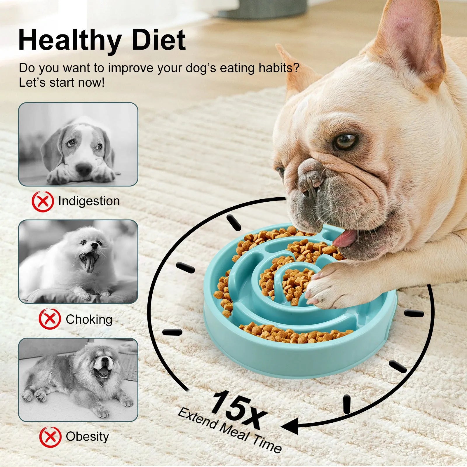 Blue silicone slow feeder dog bowl with raised labyrinth puzzle pattern for dogs.