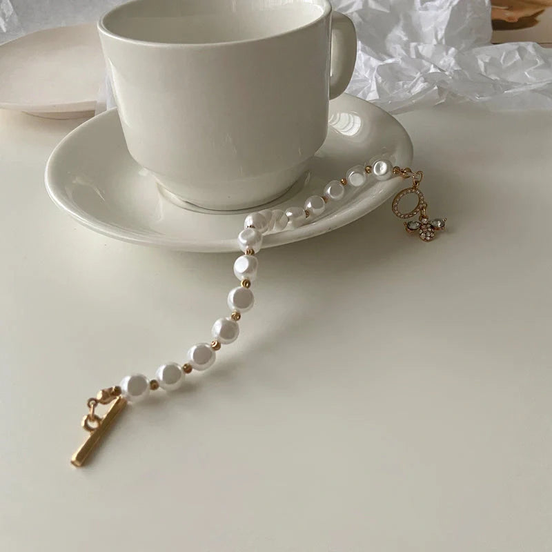 Classic Natural Stone Pearl Pendant Bracelet with insect motif for women