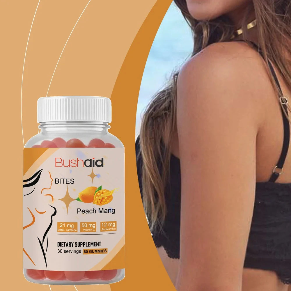BUSHAID tanning gummy candies container with 60 soft candies containing 125μg Vitamin D3 and Haematococcus pluvialis astaxanthin